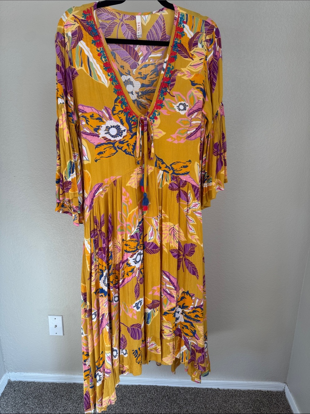 RAGA Mustard Floral Asymmetrical V-Neck Dress with Tassel Tie